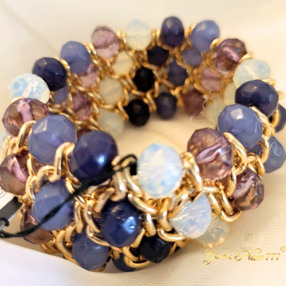 Brand New I.N.C. Gold-Tone Chunky 4 Rows Mixed Blue Beads Stretch Bracelet - Picture 1 of 6